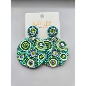 Kay Lee Green Round Circle Design Glass Beaded Earrings New